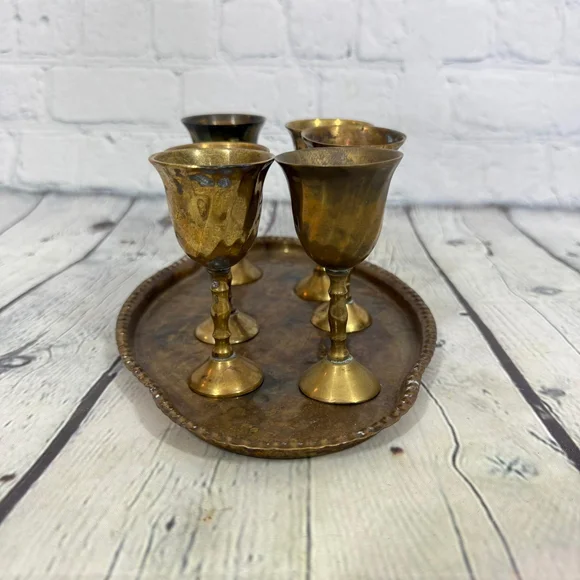 Vintage Brass Goblet Set with Tray - Picture 5 of 11